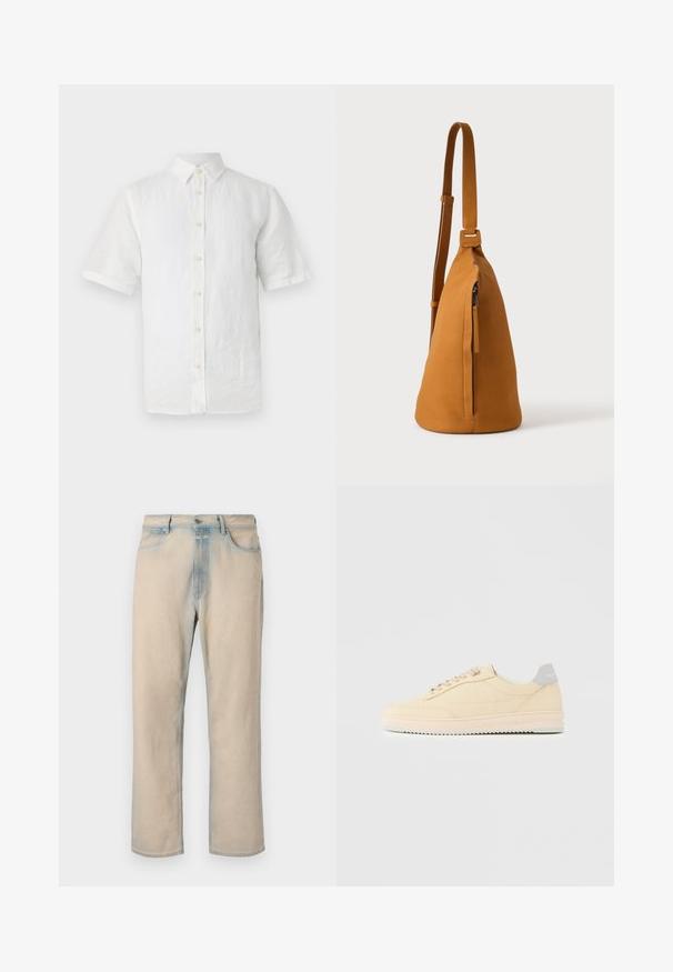 Hvid kortærmet skjorte med knapper, lavet af hør, med klassisk krave, træknapper og en let tekstureret overflade.; Lyse beige denim jeans med lige ben design, falmede blå detaljer, fem lommer og en knaplukning i taljen.; Beige lavtop sneaker med snørelukning foran, lyserød sål og grå hællap med mærket "Filling Pieces", vist i profil på ensfarvet baggrund.; Tan læder crossbodytaske med justerbar rem og lodret lynlåslomme, vist fra siden mod en ensfarvet lys baggrund.