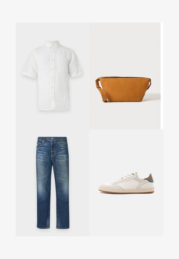 Hvid kortærmet skjorte med knapper, lavet af hør, med klassisk krave, træknapper og en let tekstureret overflade.; Blå denim jeans med lige ben, der har slidte områder, et klassisk fem-lomme design, kobbernitter og en knapgennemgang.; Hvid lavtop sneakers med beige sål, snørelukning foran, grøn og blå detalje på hælen og subtilt guld "Paul Smith" logo på siden.; Lys brun læder crossbody taske med justerbar rem og lynlås, vist mod en ensartet lys baggrund.