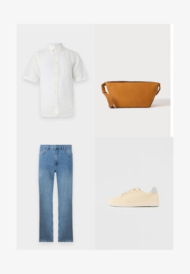 Hvid kortærmet skjorte med knapper, lavet af hør, med klassisk krave, træknapper og en let tekstureret overflade.; Lysblå denim jeans med lige snit, fem lommer, lynlås og kontrastsyninger. Stoffet har en glat, tekstureret overflade.; Beige lavtop sneaker med snørelukning foran, lyserød sål og grå hællap med mærket "Filling Pieces", vist i profil på ensfarvet baggrund.; Lys brun læder crossbody taske med justerbar rem og lynlås, vist mod en ensartet lys baggrund.