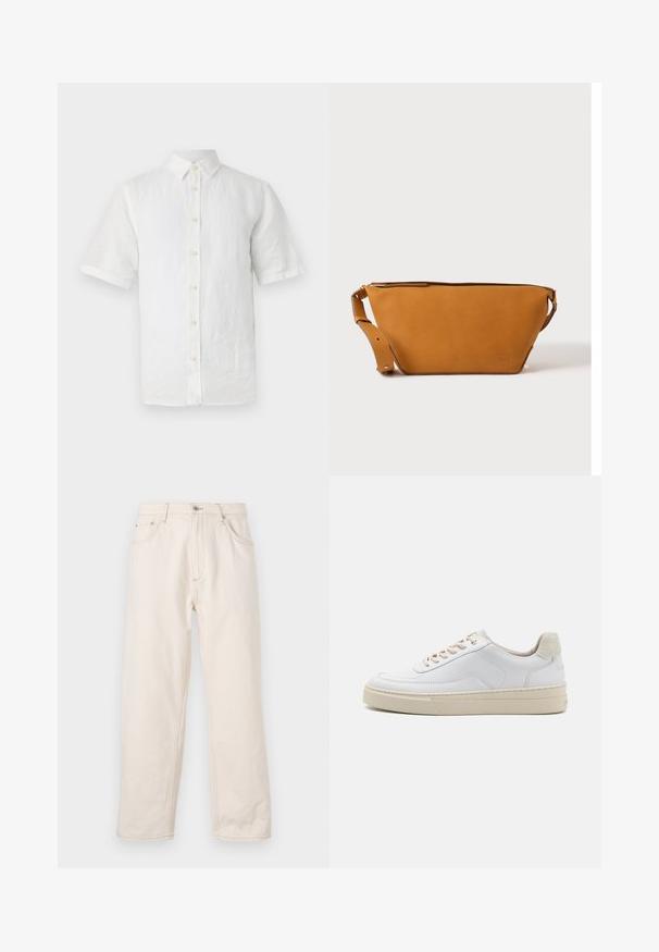 Hvid kortærmet skjorte med knapper, lavet af hør, med klassisk krave, træknapper og en let tekstureret overflade.; Beige lige jeans i denim med knaplukning, fem lommer og synlige syninger. Glat tekstur.; Hvide sneakers med en glat læderoverdel, beige snørebånd og en tekstureret beige ruskindsheel-tab. Hævet sål for ekstra højde.; Lys brun læder crossbody taske med justerbar rem og lynlås, vist mod en ensartet lys baggrund.
