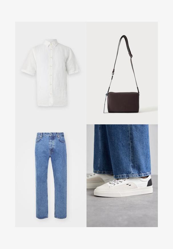 Hvid kortærmet skjorte med knapper, lavet af hør, med klassisk krave, træknapper og en let tekstureret overflade.; Won Hundred STEVE - Jeans Relaxed Fit - cut blue; Hvide og sorte sneakers med en glat læderoverdel, teksturerede detaljer og en kraftig hvid sål. Har et klassisk snørebåndsdesign.; Mørkebrun textured læder crossbody taske med justerbar rem og lille dekorativ blå accent på siden.