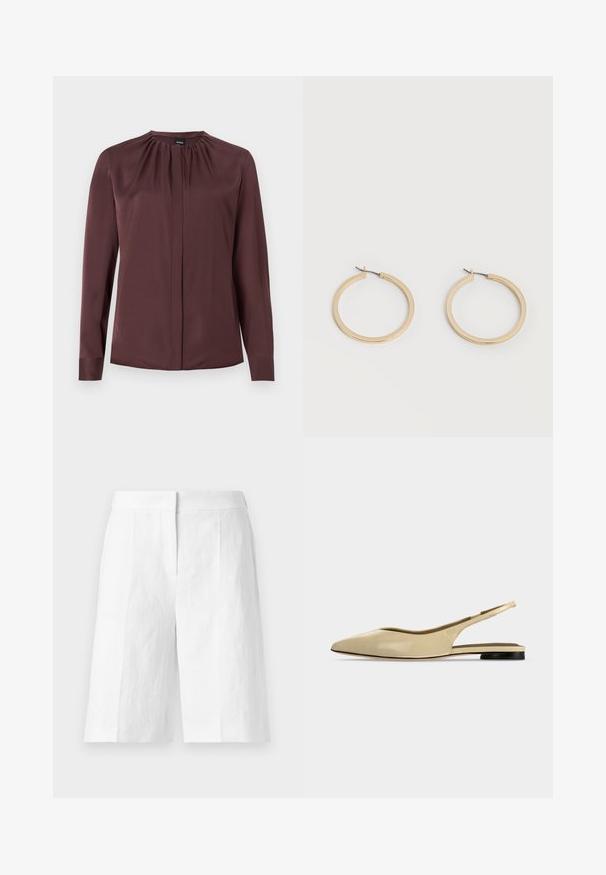 Blouse à manches longues, marron foncé, avec un col froncé et des boutons avant cachés, fabriquée en tissu lisse.; Shorts blancs ajustés longueur genou avec une taille haute et des plis à l'avant, présentés à plat sur un fond clair.; Chaussure plate beige à bout pointu avec bride arrière, petit talon noir et finition en cuir lisse, vue de côté sur un fond uni.; Paire de boucles d'oreilles créoles moyennes lisses ton or avec fermoirs à charnière sur fond clair uni.