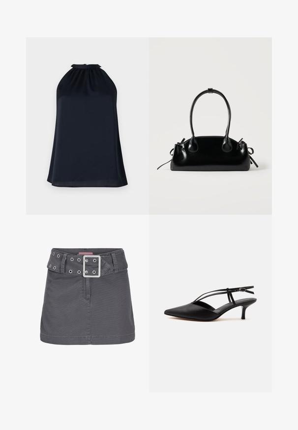Top en estilo halter de color navy, confeccionado con una tela suave y ligera. Presenta un escote fruncido y una silueta sutil y fluida.; Minifalda de algodón gris con un cinturón ancho que presenta ojales plateados y una hebilla de metal cuadrada, diseñada con una silueta limpia y recta.; Zapato de piel negra con puntera puntiaguda y tacón kitten, con tira fina en el tobillo y hebilla, diseño slingback, sobre un fondo liso y claro.; Pequeño bolso negro brillante con dos asas largas y detalles de cordón lateral sobre un fondo claro liso.