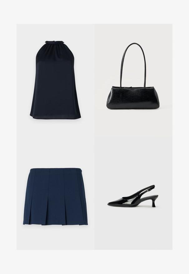 Top en estilo halter de color navy, confeccionado con una tela suave y ligera. Presenta un escote fruncido y una silueta sutil y fluida.; Falda mini plisada de color azul marino con una cinturilla recta, hecha de una tela suave. Presenta costuras verticales a lo largo de los pliegues.; Zapatos de charol negro tipo slingback con punta afilada y tacón bajo. Correa ajustable con hebilla en el tobillo.; Bolso de hombro rectangular negro con correas largas y delgadas y una textura lisa y brillante sobre un fondo liso.