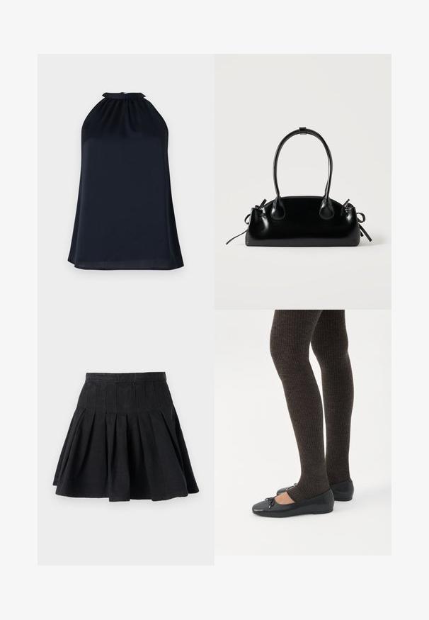 Námornícky halter top vyrobený z hladkej, ľahkej tkaniny. Má zhromaždený výstrih a jemný, voľne tečúci strih.; Čierna plisovaná sukňa vyrobená z bavlnenej látky. Má priliehavý pás a rozšírený lem. Jednoduchý dizajn bez viditeľných vzorov alebo ozdôb.; Nohy v tmavých pásikavých legínach v kombinácii s čiernymi balerínkami s malými mašličkami na bielom pozadí.; Malá čierna lesklá kabelka s dvoma dlhými rúčkami a bočnými šnúrkovými detailmi na jednoduchom svetlom pozadí.