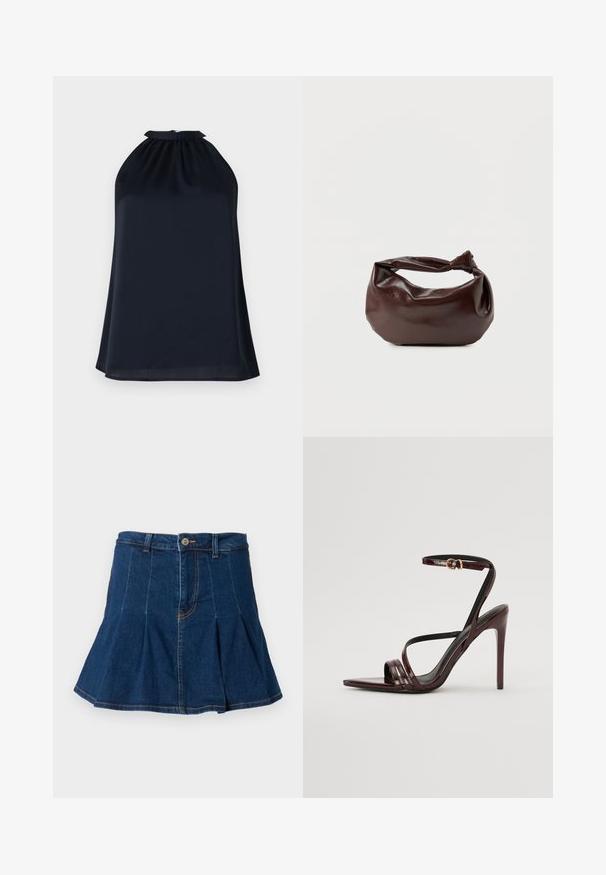 Marine haltertop gemaakt van een gladde, lichte stof. Heeft een geplooide halslijn en een subtiele, vloeiende silhouet.; Donkerblauwe denim rok met een geplooid ontwerp, vijf zakken, een sluiting met een knoop aan de voorkant en contrasterende stiksels.; Bordeaux gepatineerde leren hoge hakken sandaal met een enkelbandje, puntige neus en drie horizontale banden over de voet. Details met gouden gesp.; Donkerbruine leren schoudertas met een zachte, slungelige vorm en een gedraaide knoopvormige handgreep op een effen witte achtergrond.
