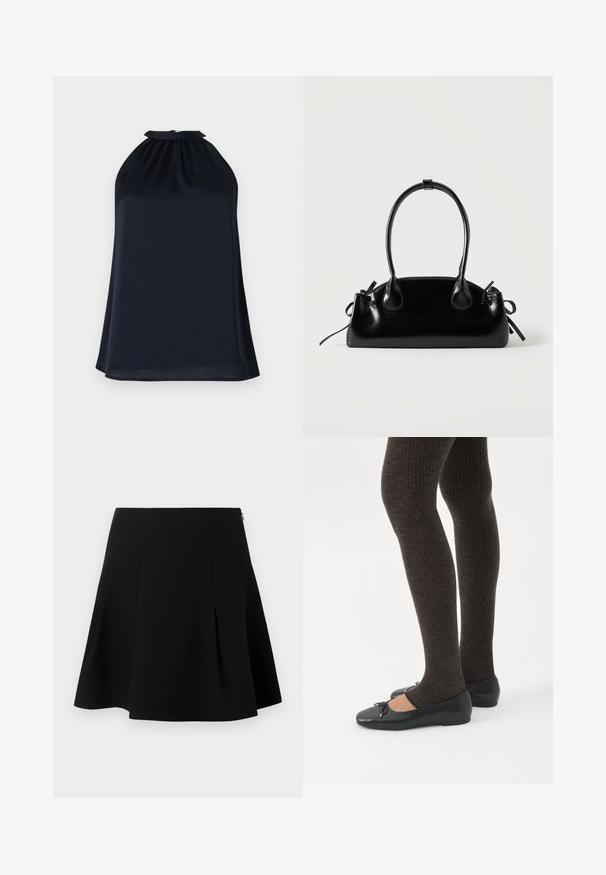 Námornícky halter top vyrobený z hladkej, ľahkej tkaniny. Má zhromaždený výstrih a jemný, voľne tečúci strih.; Čierna rozšírená sukňa s pletencami vpredu, hladkou textúrou a skrytým zipsom na zadnej strane.; Nohy v tmavých pásikavých legínach v kombinácii s čiernymi balerínkami s malými mašličkami na bielom pozadí.; Malá čierna lesklá kabelka s dvoma dlhými rúčkami a bočnými šnúrkovými detailmi na jednoduchom svetlom pozadí.