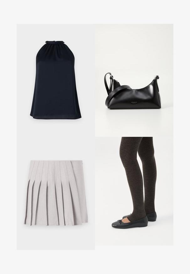 Námornícky halter top vyrobený z hladkej, ľahkej tkaniny. Má zhromaždený výstrih a jemný, voľne tečúci strih.; Sivá plisovaná sukňa s hladkým povrchom, s viacerými vertikálnymi skladmi a priliehavým pásom. Vyrobená z ľahkého materiálu.; Nohy v tmavých pásikavých legínach v kombinácii s čiernymi balerínkami s malými mašličkami na bielom pozadí.; Čierna kožená kabelka s hladkou textúrou. Obsahuje nastaviteľný popruh a elegantný, minimalistický dizajn so zipsovým uzatvorením.