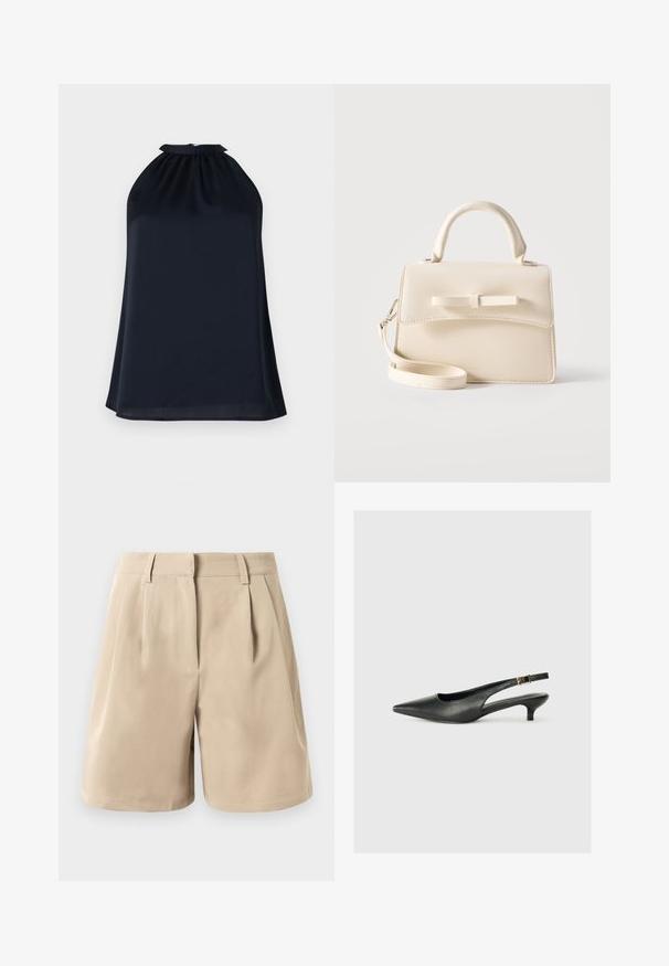 Marinefarbener Haltertop aus einem glatten, leichten Stoff. Verfügt über einen gerafften Ausschnitt und eine subtile, fließende Silhouette.; Beige Hochbund-Shorts mit Gürtelschlaufen, vorderen Falten und verdecktem Frontverschluss vor einem weißen Hintergrund.; Schwarzer Slingback-Schuh mit spitzem Zehenbereich aus glattem Leder. Mit einem dünnen Absatz und einer dekorativen Schnalle am verstellbaren Riemen.; Kleine beige Handtasche mit Tragegriff oben, abnehmbarem Riemen, vorderer Klappe und dekorativer horizontaler Schleife vor einfarbigem Hintergrund.