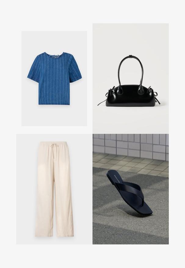 Denim top i mørkeblue med lodrette hvide striber, rund halsudskæring, korte ærmer og bindebånd bagpå. Blød tekstur, afslappet design.; Beige løstsiddende bukser med elastisk taljebånd og frontsnørre, lige ben, vist mod en ensartet lys baggrund.; Sort tanga-sandal med firkantet tå og mærkenavn på fodseng, placeret opret på tekstureret fortov nær flisebeklædt væg.; Lille sort blank håndtaske med to lange håndtag og snøre-detaljer i siden på en ensfarvet lys baggrund.