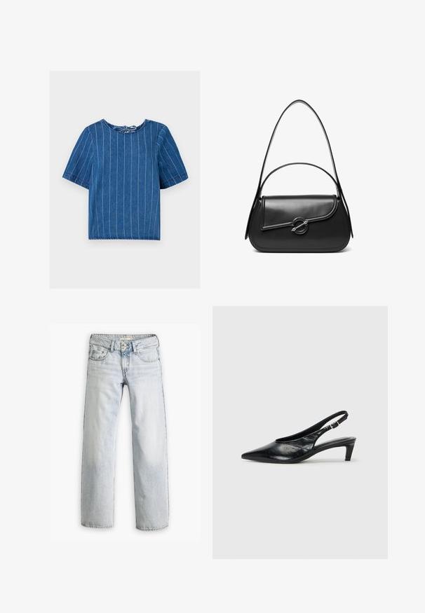 Denim top i mørkeblue med lodrette hvide striber, rund halsudskæring, korte ærmer og bindebånd bagpå. Blød tekstur, afslappet design.; Lyseblå denimjeans med en afslappet pasform, høj talje og fem-lomme design. Har syning detaljer og knaplukning.; Sort læder slingback hæl med spidse tæer, lav kitten hæl og justerbar spænde-bånd. Glat tekstur med minimal dekor.; Sort skuldertaske i læder med en buet klap, der er fastgjort med en rund metal spænde, og en slank, justerbar rem.