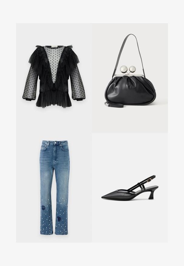 Blouse en tulle noir avec des pois, manches à volants, décolleté en V profond, texture superposée et détails froncés le long de l'encolure et de l'ourlet.; Jean en denim bleu à taille haute, coupe droite, agrémenté de perles blanches et de symboles de paix et de cœur près de l'ourlet.; Chaussure slingback noire à bout pointu avec tige en mesh, fines brides, boucle dorée et petit talon incurvé sur fond blanc.; Sac à main en cuir noir avec un design plissé, une sangle unique, un cadre métallique argenté et deux grandes fermoirs ronds en argent.