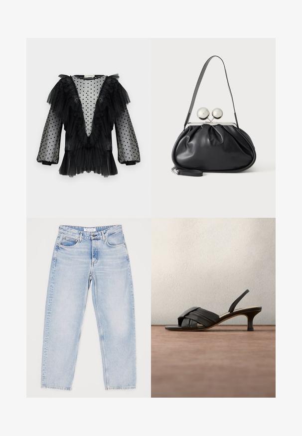Blouse en tulle noir avec des pois, manches à volants, décolleté en V profond, texture superposée et détails froncés le long de l'encolure et de l'ourlet.; Jean en denim bleu clair avec une coupe décontractée, cinq poches et un design à jambes droites. Texture délavée, bouton supérieur et fermeture éclair.; Sandale noire en cuir à bride arrière avec des lanières tissées et un petit talon bas, présentée sur un fond gris foncé flou.; Sac à main en cuir noir avec un design plissé, une sangle unique, un cadre métallique argenté et deux grandes fermoirs ronds en argent.