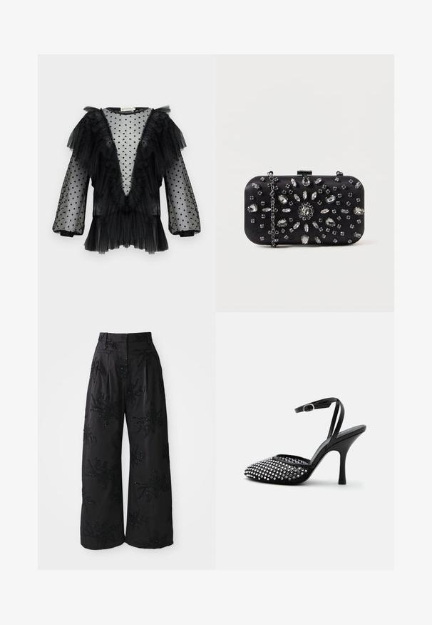Blouse en tulle noir avec des pois, manches à volants, décolleté en V profond, texture superposée et détails froncés le long de l'encolure et de l'ourlet.; Pantalons larges noirs avec des ornements floraux en sequins, dotés d'une taille haute, de plis et de poches latérales pour un look texturé.; Chaussure noire à talon haut avec bride à la cheville, bout pointu et devant décoré de clous argentés sur une base en mesh transparent.; Pochette noire de forme rectangulaire, ornée de divers strass disposés en motifs floraux, dotée d'une chaîne en argent pour le transport.