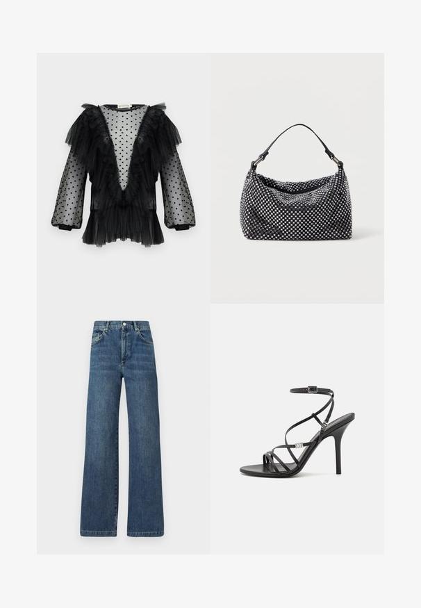 Blouse en tulle noir avec des pois, manches à volants, décolleté en V profond, texture superposée et détails froncés le long de l'encolure et de l'ourlet.; Jeans en denim bleu foncé à jambes larges, présentant un design classique à cinq poches, des passants de ceinture et une fermeture à bouton à l'avant.; Sandale noire à talons hauts avec des brides fines, une boucle à la cheville, une surface en cuir lisse et un talon aiguille élancé.; Sac noir et argent avec une surface tissée et texturée présentant des motifs carrés, une seule poignée supérieure et un design décontracté.