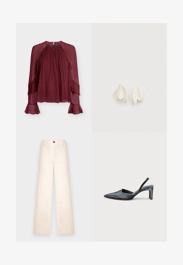 Blouse bordeaux transparente à manches longues, devant plissé, détails volantés aux manches et encolure ronde avec fermeture boutonnée au dos.; Pantalon large taille haute couleur crème avec passants de ceinture et une fermeture avant avec un seul bouton marron.; Escarpin noir à bride arrière avec un bout pointu, une finition satinée élégante et un talon fin de 7,5 cm. Design latéral ouvert avec des détails de couture minimalistes.; Boucles d'oreilles ton argent avec une forme organique lisse en goutte d'eau. Surface polie avec une courbure subtile et sans ornements visibles.