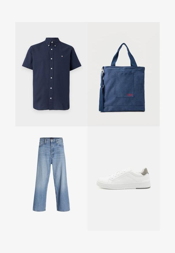 Kurze Ärmel, navy blauses Hemd aus Baumwolle mit einem Button-Down-Kragen, Vorderknöpfen und einem kleinen gestickten Logo auf der Brust.; Hellblaue Denim-Weite-Beine-Jeans mit hoher Taille, ausgestattet mit einer Knopfleiste, einem Fünf-Taschen-Design und subtiler Ausbleichung. Sauberer Saumabschluss.; Weißer Sneaker aus glattem Leder, runde Zehenpartie, minimalistisches Design, graue Fersenkante und strukturierte Gummisohle.; Blauer Canvas-Einkaufstasche mit Vordertasche und roter "O.N.S" Stickerei, ausgestattet mit zwei Griffen und einem verstellbaren Schulterriemen.