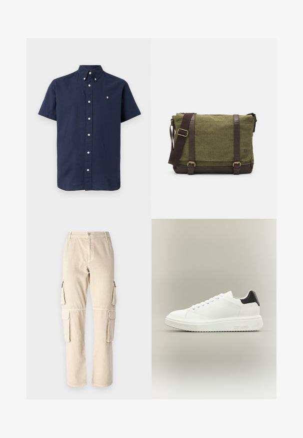 Kurze Ärmel, navy blauses Hemd aus Baumwolle mit einem Button-Down-Kragen, Vorderknöpfen und einem kleinen gestickten Logo auf der Brust.; Beige Cargo-Hosen aus Baumwolle. Sie verfügen über Seitentaschen, ein gerades Bein-Design und einen Knopfverschluss am Bund. Schlichte Steppdetails.; Weißer Low-Top-Sneaker mit dicker Sohle, Schnürung vorne und schwarzer Fersenschlaufe, mit "Steve Madden" an der seitlichen Sohle gebrandet.; Grüne Stoff-Umhängetasche mit braunen Lederakzenten, einer Vorderklappe, verstellbarem Schultergurt und Reißverschlussverschluss an der Oberseite. Ausgestattet mit goldenen Beschlägen.