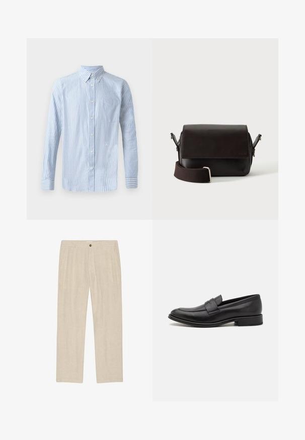 Chemise bleu clair à boutons, avec des rayures verticales blanches, manches longues et une poche poitrine. Présente un petit logo sur la partie inférieure.; Pantalon beige à jambes droites avec poches avant, fermeture par bouton et zip, fabriqué en tissu léger texturé.; Mocassin en cuir noir avec une finition lisse, une sangle décorative sur le dessus, un bout rond et un petit talon empilé.; Sac bandoulière en cuir marron foncé avec fermeture à rabat et sangle en tissu réglable sur fond blanc.