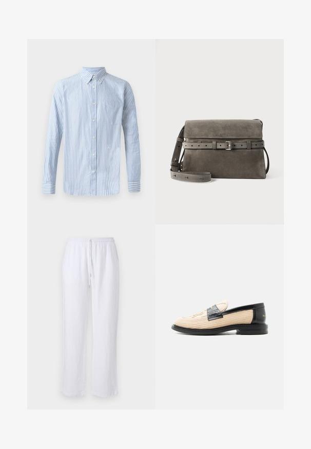 Chemise bleu clair à boutons, avec des rayures verticales blanches, manches longues et une poche poitrine. Présente un petit logo sur la partie inférieure.; Pantalons en lin blancs à coupe décontractée, avec une taille élastique et un cordon de serrage. Texture lisse et jambes droites. Sans motifs ni accents.; Mocassin tissé beige avec bordure en cuir noir, bout arrondi, semelle noire et motif décoratif cousu sur la partie supérieure.; Sac bandoulière en daim gris avec une bandoulière à boucle ajustable et une fermeture à rabat, avec un logo de marque embossé discret au centre devant.