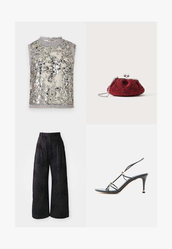 Haut sans manches en tissu mesh gris orné de sequins argentés disposés de manière dense, avec des bords bruts au niveau du col et des emmanchures.; Pantalons larges noirs avec des ornements floraux en sequins, dotés d'une taille haute, de plis et de poches latérales pour un look texturé.; Sandale à talons hauts noire à fines lanières avec des accents de perles dorées sur un talon aigu à bout pointu.; Petit sac pochette rouge orné de perles, avec fermoir argenté et chaîne sur un fond blanc uni.