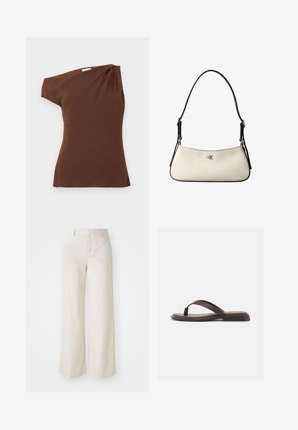 Top brun à une épaule en tissu doux. Présente un détail drapé sur l'épaule et un ourlet courbé en bas.; Pantalons évasés de couleur beige clair, fabriqués dans un tissu lisse. Dotés d'une taille classique et d'un devant plat aux lignes épurées.; Sandale en cuir marron à lanière avec semelle plate noire et large bride sur le dessus, vue de profil sur fond blanc.; Petit sac à bandoulière crème avec bordure noire, sangle noire réglable et logo "cK" argenté au centre devant.