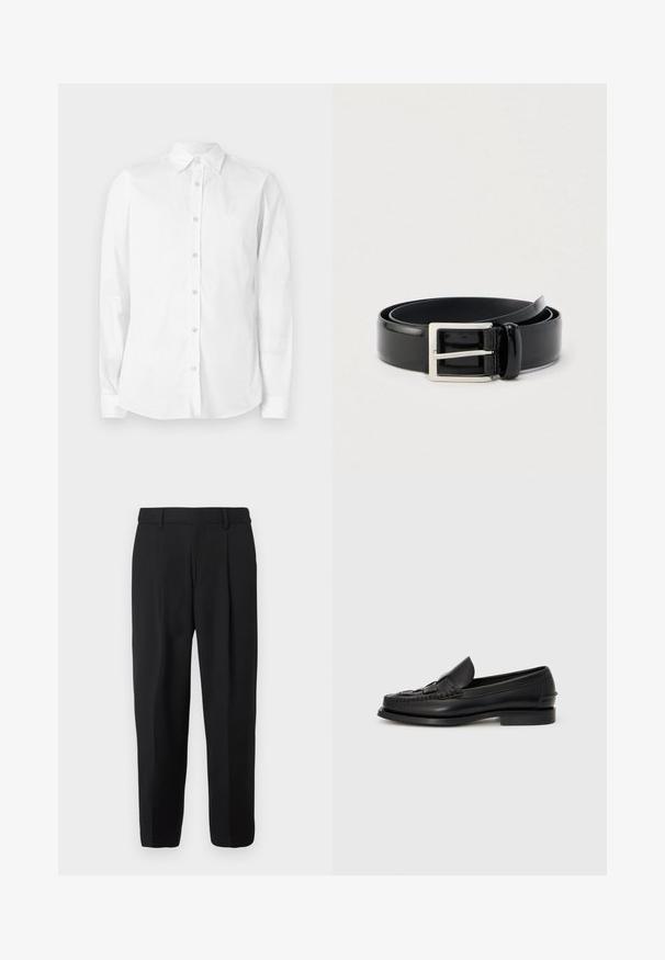 Chemise blanche à manches longues avec boutons, fabriquée en coton. Comprend un col pointu et un petit logo brodé sur la poitrine. Texture lisse.; Pantalon noir à jambe droite, confectionné en tissu tissé, avec devant plat, passants pour ceinture et deux poches latérales.; Mocassin en cuir noir avec un détail tissé à l'avant, bout arrondi et petit talon. Texture lisse et design minimaliste.; Ceinture en cuir noir brillant enroulée avec une boucle métallique rectangulaire argentée sur un fond clair uni.