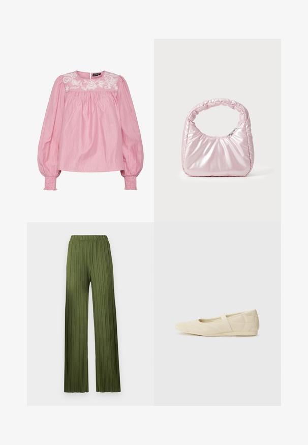 Blouse rose à rayures avec un col rond, des poignets élastiques et un motif floral brodé sur le devant. Fabriquée en tissu léger.; Pantalons large plissés verts avec une taille élastique. Le tissu texturé présente des rayures verticales pour une apparence fluide.; Ballerines beiges avec une exterior en cuir lisse, un bout en forme d'amande et une sangle élastique sur le coup de pied, avec des détails de couture subtils.; Sac à main rose rembourré avec un design arrondi, fabriqué à partir d'un matériau brillant. Dispose d'une poignée froncée et d'une fermeture éclair pour un accès sécurisé.