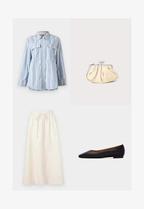 Hellblaues Button-Up-Hemd mit weißen vertikalen Streifen, zwei Fronttaschen und langen Ärmeln. Glattes Material und spitzes Kragen.; Soulland MEIR SKIRT - Maxirock - white; Schwarzer flacher Schuh aus Leder mit spitz zulaufender Vorderkappe, niedrigem Absatz und glatter Oberfläche, von der Seite vor einem hellgrauen Hintergrund dargestellt.; Faltige beigefarbene Ledertasche mit einem silbernen Metallrahmen, ausgestattet mit zwei runden dekorativen Verschlüssen und einem silbernen Kettenriemen.