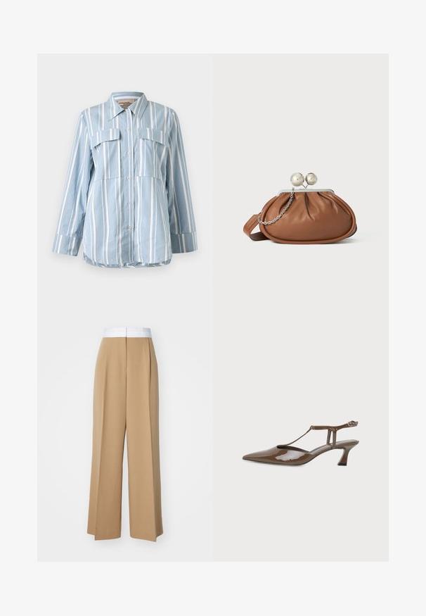 Hellblaues Button-Up-Hemd mit weißen vertikalen Streifen, zwei Fronttaschen und langen Ärmeln. Glattes Material und spitzes Kragen.; Weite Hosen aus einem hellbraunen Stoff mit einem kontrastierenden weißen Bund. Sie zeichnen sich durch klare Linien und keine sichtbaren Muster oder Verzierungen aus.; Stuart Weitzman VINNIE - Pumps - cigar; Braune Leder-Clutch mit silbernem Kugelverschluss und einem kleinen silbernen Kettendetail auf weißem Hintergrund.