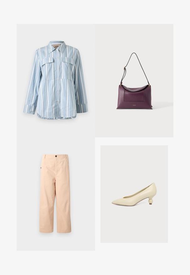 Hellblaues Button-Up-Hemd mit weißen vertikalen Streifen, zwei Fronttaschen und langen Ärmeln. Glattes Material und spitzes Kragen.; Beige Baumwoll-Cropped-Hosen mit geradem Schnitt, ausgestattet mit einem einzelnen Knopf an der Taille und seitlichen Taschen. Glatte Textur ohne Muster.; Cremefarbener Pumps mit spitzer Spitze und niedrigem, einzigartigem birnenförmigem Absatz auf schlichten weißem Hintergrund.; Lila strukturierte Lederschultertasche mit geschwungenem Überschlag und verstellbarem schwarzen Riemen vor schlichtem hellem Hintergrund.