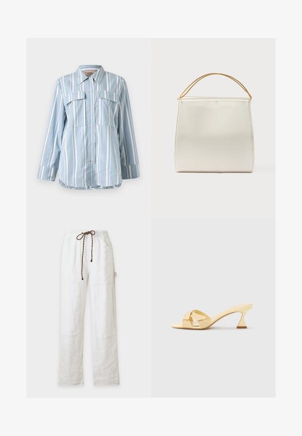 Hellblaues Button-Up-Hemd mit weißen vertikalen Streifen, zwei Fronttaschen und langen Ärmeln. Glattes Material und spitzes Kragen.; Weiße Hose mit geradem Bein, vorne mit aufgesetzten Taschen, braunem Kordelzugbund und seitlicher Schlaufe.; Beige offene Mule-Sandale mit mittelhohem, geschwungenem Absatz und überlappendem Riemendesign vor einem schlichten hellen Hintergrund.; Strukturierte Handtasche mit Satin-Finish in Cremefarbe, mit einer Ketten-Schulterriemen. Verfügt über eine flache, glatte Textur und saubere Nähte.