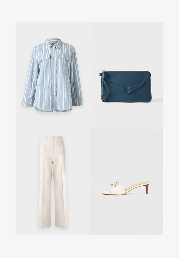 Hellblaues Button-Up-Hemd mit weißen vertikalen Streifen, zwei Fronttaschen und langen Ärmeln. Glattes Material und spitzes Kragen.; Beige weite Hosen mit hoher Taille, zwei Fronttaschen und sichtbaren Nähten. Aus einem glatten, leichten Stoff gefertigt.; Weiße offene Sandaletten mit Absatz und glattem Obermaterial, mit einem runden Metallakzent am Riemen und einem konturierten Holzabsatz.; Blauer Lederetui mit Reißverschluss, geprägt mit Flügeldesign und geflochtenem Lederzipper auf neutralem Hintergrund.