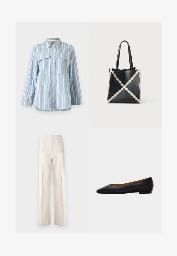 Hellblaues Button-Up-Hemd mit weißen vertikalen Streifen, zwei Fronttaschen und langen Ärmeln. Glattes Material und spitzes Kragen.; Beige weite Hosen mit hoher Taille, zwei Fronttaschen und sichtbaren Nähten. Aus einem glatten, leichten Stoff gefertigt.; Schwarzer flacher Schuh aus Leder mit spitz zulaufender Vorderkappe, niedrigem Absatz und glatter Oberfläche, von der Seite vor einem hellgrauen Hintergrund dargestellt.; Schwarze Leder-Tote mit cremefarbener Steppnaht, die ein X-Muster bildet. Verfügt über zwei schwarze Griffe und hat eine ungeformte Form.