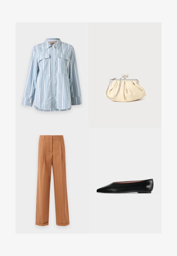 Hellblaues Button-Up-Hemd mit weißen vertikalen Streifen, zwei Fronttaschen und langen Ärmeln. Glattes Material und spitzes Kragen.; Braune Nadelstreifenhose mit maßgeschneidertem Design, versehen mit Falten, geradem Schnitt und umgeschlagenem Saum. Hergestellt aus einem glatten Stoff.; Schwarzer flacher Damenleder-Schuh mit spitzer Kappe und niedrigem Absatz, von der Seite auf einfarbigem hellgrauem Hintergrund gezeigt.; Faltige beigefarbene Ledertasche mit einem silbernen Metallrahmen, ausgestattet mit zwei runden dekorativen Verschlüssen und einem silbernen Kettenriemen.
