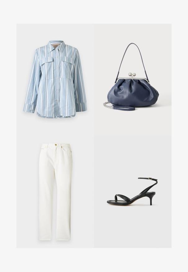 Hellblaues Button-Up-Hemd mit weißen vertikalen Streifen, zwei Fronttaschen und langen Ärmeln. Glattes Material und spitzes Kragen.; Weiße Jeanshose mit geradem Bein, ausgestattet mit einem Knopfverschluss vorne und subtiler Struktur. Enthält Seitentaschen und minimale Beschläge.; Schwarze Ledersandale für Damen mit dünnen Riemchen, einer Zehenlasche, einer Knöchelschnalle und einem mittelhohen Stöckelabsatz vor neutralem Hintergrund.; Weiche navyblaue Ledertasche mit silberner Verschlussklammer, einem einzelnen Schulterriemen und abnehmbarem Ketten-Handgelenksriemen auf weißem Hintergrund.
