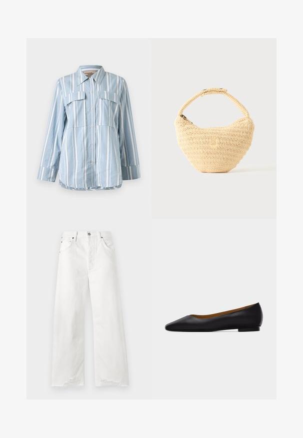 Hellblaues Button-Up-Hemd mit weißen vertikalen Streifen, zwei Fronttaschen und langen Ärmeln. Glattes Material und spitzes Kragen.; Weiße weit geschnittene Jeans aus Denim mit hoher Taille, vorderen Taschen und fransigen Säumen.; Schwarzer flacher Schuh aus Leder mit spitz zulaufender Vorderkappe, niedrigem Absatz und glatter Oberfläche, von der Seite vor einem hellgrauen Hintergrund dargestellt.; Beige gewebte Handtasche mit rundem Körper, Reißverschluss und kurzem, dickem Riemen in einfachem, strukturiertem Häkelstil.