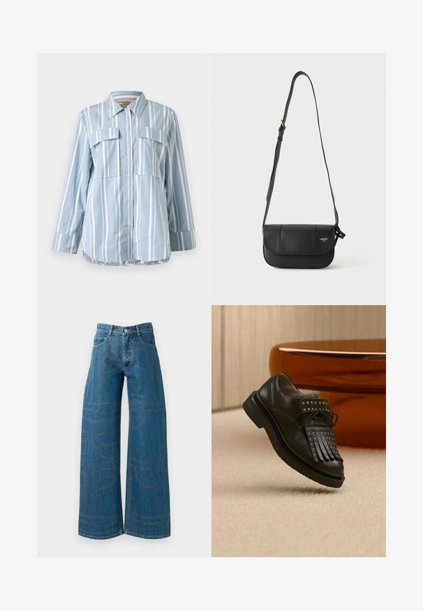 Hellblaues Button-Up-Hemd mit weißen vertikalen Streifen, zwei Fronttaschen und langen Ärmeln. Glattes Material und spitzes Kragen.; Weite Jeans in mittlerem blauen Denim mit kontrastierenden Nähmustern und mehreren Taschen design. Hohe Taille mit Knopfverschluss.; Schwarzer Leder-Schnürschuh mit dekorativer Fransen und Metallnieten auf beigem Teppich neben braunen Möbeln.; Schwarze, strukturierte Leder-Umhängetasche mit Klappverschluss und verstellbarem Riemen, kleines goldenes Markenlogo vorne rechts.