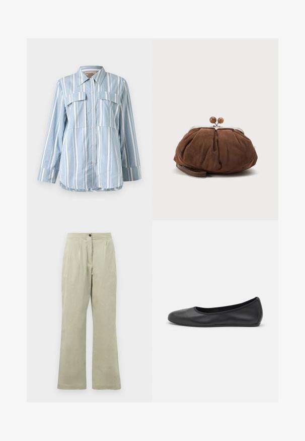 Hellblaues Button-Up-Hemd mit weißen vertikalen Streifen, zwei Fronttaschen und langen Ärmeln. Glattes Material und spitzes Kragen.; Hellegrüne weite Hose aus weichem Stoff, mit einem Frontknopfverschluss, Falten und einem sauberen Saum.; Schwarze Leder-Ballettschuhe mit abgerundeter Spitze, glatter Textur, minimalen Nähdetails und einem flexiblen Sohlen-Design.; Weiche braune Wildleder-Handgelenktasche mit silbernem Metallrahmen und runden braunen Verschlusskugeln auf schlichtem hellem Hintergrund.