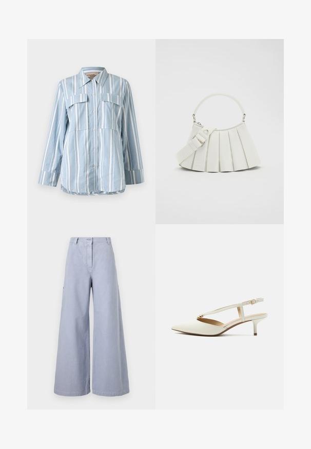 Hellblaues Button-Up-Hemd mit weißen vertikalen Streifen, zwei Fronttaschen und langen Ärmeln. Glattes Material und spitzes Kragen.; Hellblaue Hosen mit weitem Bein und hohem Bund, mit Knopfverschluss, Gürtelschlaufen und Seitentaschen, vor einem schlichten weißen Hintergrund dargestellt.; Weißer Slingback-Pumps mit spitzer Spitze, niedrigem Stiletto-Absatz und einem goldenen dekorativen Element am vorderen Riemen.; Lacoste LENGLEN BAG - Handtasche - cristalline
