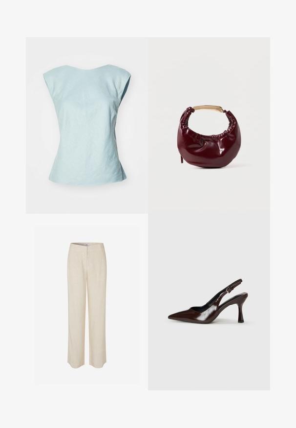Débardeur bleu clair sans manches avec un large décolleté, fabriqué dans un tissu texturé, présentant une coupe structurée et une fin de bas évasée.; Pantalon en lin beige à coupe droite, avec une texture lisse et un léger éclat. Comprend une ceinture et des poches avant discrètes.; Talons slingback en cuir verni brun avec un bout pointu, un talon fin, et une sangle réglable avec une petite boucle.; Sac à main en simili cuir bordeaux avec une forme arrondie, des détails froncés et une anse en métal doré. Texture lisse et finition brillante.