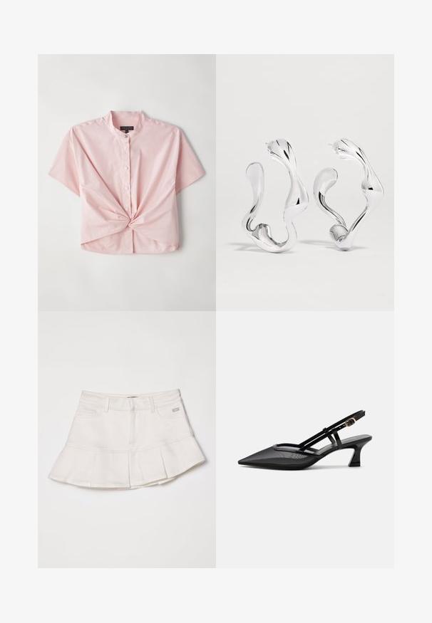 Chemise rose à manches courtes, présentant un col band collar et un détail de devant torsadé, fabriquée en un tissu doux en mélange de coton.; Jupe en jean blanche à taille ajustée et ourlet évasé plissé. Comprend des poches avant et un petit logo sur la ceinture.; Chaussure slingback noire à bout pointu avec tige en mesh, fines brides, boucle dorée et petit talon incurvé sur fond blanc.; Boucles d'oreilles créoles ondulées abstraites en ton argent avec une surface lisse et réfléchissante et des formes organiques irrégulières.