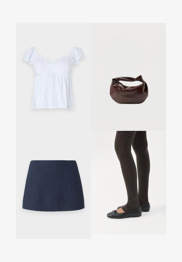 Blusa blanca con mangas cortas abullonadas, detalles fruncidos en la parte delantera y un dobladillo acampanado. Hecha de un tejido ligero, tiene un corte holgado y un escote cruzado.; Falda corta en línea A de color azul oscuro, hecha de una tela texturizada y ligera, con una cintura suave y sin patrones ni adornos.; Piernas con leggings oscuros acanalados combinados con bailarinas negras que presentan pequeños detalles de lazo sobre un fondo blanco.; Bolso de hombro de cuero marrón oscuro con una forma suave y caída, y un asa con nudo torcido sobre un fondo blanco liso.