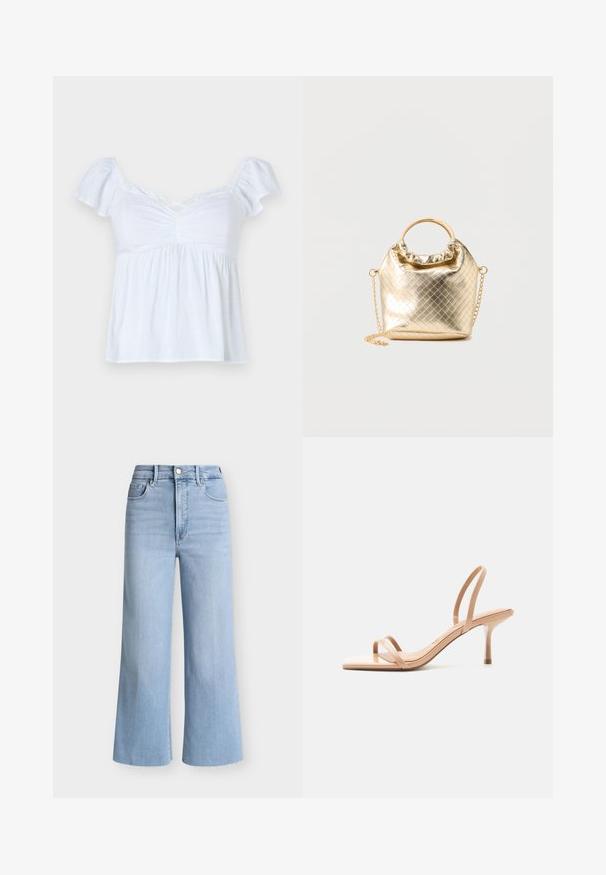 Weißes Blusenshirt mit kurzen Puffärmeln, gerafftem Front-Design und ausgestellt Saum. Hergestellt aus leichtem Stoff, hat einen lockeren Schnitt und einen Kreuzhals-Ausschnitt.; Hellblaue Jeans mit hoher Taille und weitem Bein, mit vorderem Knopf- und Reißverschluss, Gürtelschlaufen, vorderen und hinteren Taschen und rohen Saumkanten.; Beige hochhackige Sandale mit dünnen Riemen über den Zehen und um die Ferse, mit quadratischer Spitze und schmalem Stilettoabsatz vor weißem Hintergrund.; Kleine metallisch goldene gesteppte Handtasche mit Ringgriff und abnehmbarem goldenen Kettenriemen auf einfarbigem Hintergrund.