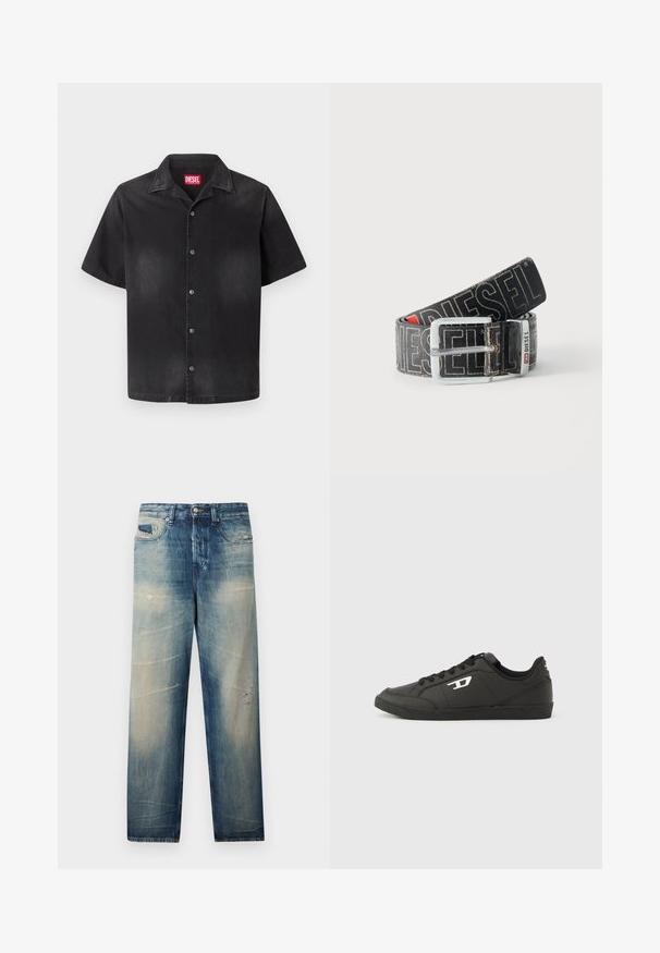 Chemise noire à manches courtes avec col classique, légère décoloration à l'avant, et étiquette de marque Diesel rouge à l'intérieur du col.; Jean bleu délavé à jambe droite avec des détails usés et des poches avant, fermeture par bouton et fermeture éclair, présenté sur un fond uni.; Baskets synthétiques noires avec une semelle noire texturée, un bout rond et des lacets plats noirs. Logo blanc remarquablement placé sur le côté extérieur.; Ceinture noire Diesel avec grand texte logo blanc, boucle rectangulaire en argent, et détail de boucle métallique brandée, enroulée sur un fond clair.
