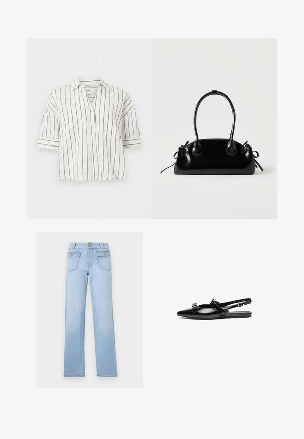 Chemise blanche à manches courtes avec boutons et rayures verticales noires, col, présentée sur un fond blanc uni.; Jeans bleu clair taille haute à jambes droites avec fermeture à boutons sur le devant et poches à rabat avec boutons, sur fond blanc.; Chaussure plate à bride arrière en cuir noir avec un bout pointu, ornée de volants sur le avant-pied et d'une sangle à cheville réglable. Texture de surface lisse.; Petit sac à main noir brillant avec deux longues anses et des détails à cordon sur les côtés sur un fond clair uni.