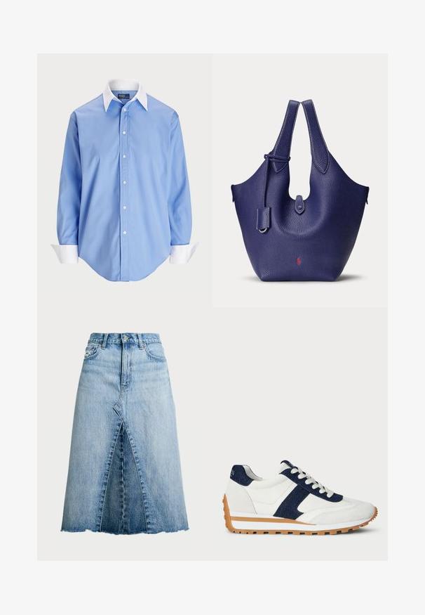 Svetlomodrá košeľa na gombíky s dlhými rukávmi a bielym kontrastným golierom. Má hladkú textúru a päť predných gombíkov.; Polo Ralph Lauren PANELED DENIM A LINE SKIRT - sukňa v tvare A - lindale wash; Biele tenisky s námorníckymi džínsovými a semilovými akcentmi. Majú textúrovaný zvršok, polstrovaný golier, viazanie vpredu a kontrastnú gumovú podrážku.; Tmavomodrá kožená kabelka s textúrou, s dvoma rúčkami a malým červeným logom blízko spodného stredu.
