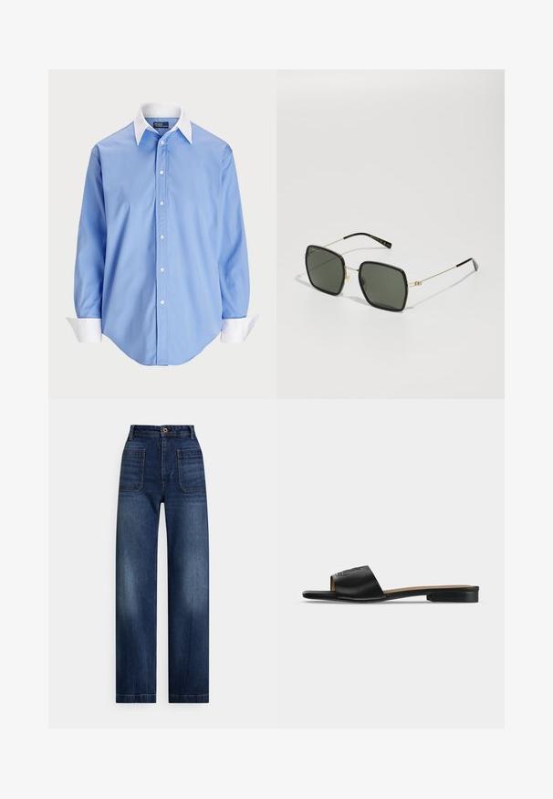 Lys blå skjorte med lange ærmer og en hvid kontrastkrave. Har en glat overflade og fem knapper foran.; Højtaljede, mørkeblå denimjeans med lige ben, forlommer, bæltestropper og knaplukning.; Sort flad slip -på sandal med bredt læderrem med subtilt præget logo og lav hæl.; Sorte rektangulære solbriller med grønne linser, guldmetal detaljer, tynde stænger og en plastisk sort ramme. Bemærkelsesværdig logo detalje på linsen.