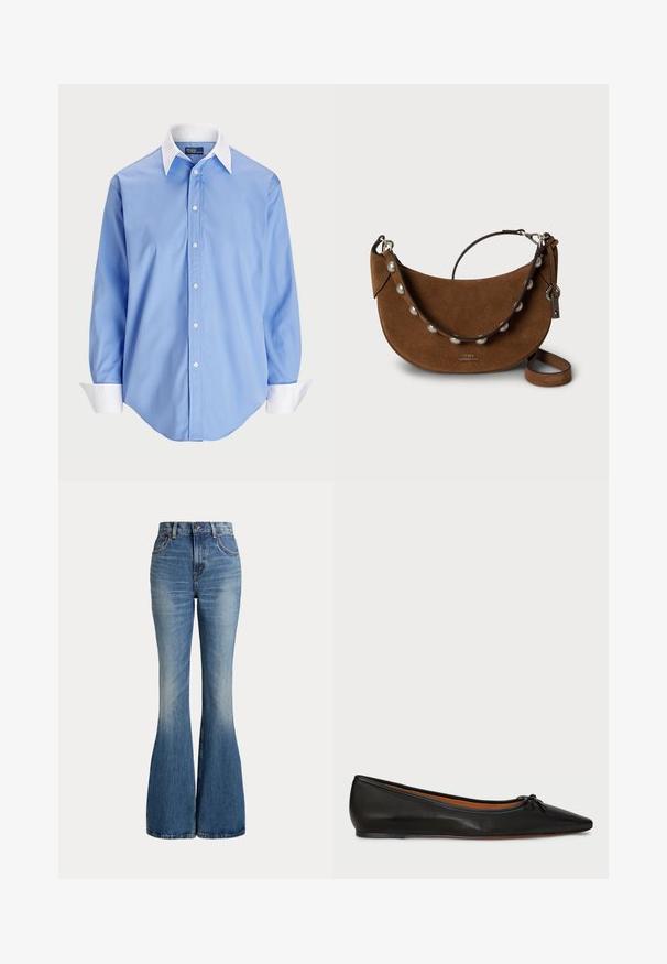 Lys blå skjorte med lange ærmer og en hvid kontrastkrave. Har en glat overflade og fem knapper foran.; Højtaljede blå jeans i denim med klokkeformede ben og let falmet område foran på låret, vist mod hvid baggrund.; Sorte læderballetflade med spids tå, slank silhuet og en lille sløjfedetalje på forsiden. Glat tekstur og minimalistisk design.; Brun ruskindshåndtaske med en buet form, der har en perle-accentsnor og justerbart læderhåndtag. Metalhardware bruges til lukninger.