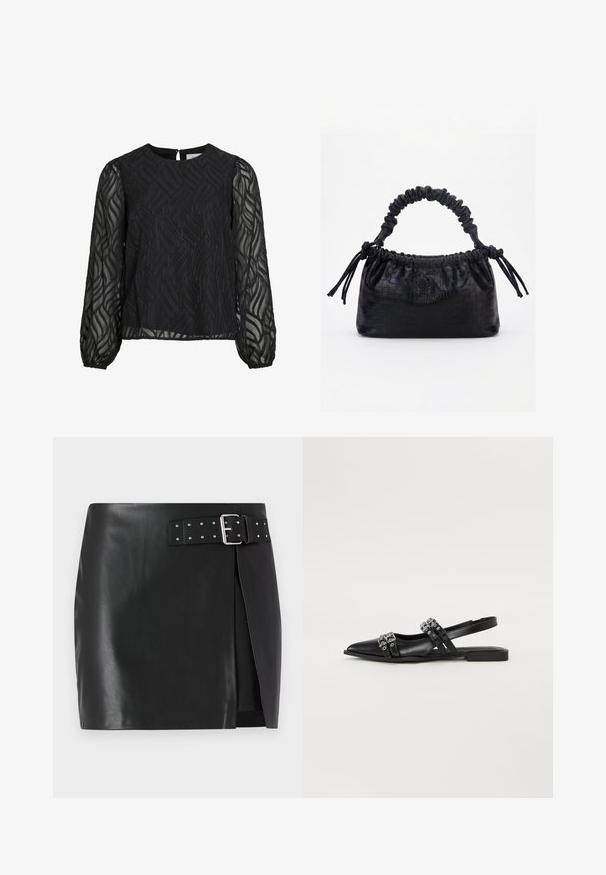 Blouse noire à manches longues transparentes, avec un motif de feuilles texturé, un col rond et une petite attache en forme de clé au dos.; Mini-jupe en simili cuir noir avec une ceinture réglable comportant une boucle en argent et des clous décoratifs, design à enroulement avant et texture lisse.; Even&Odd by Zalando Ballerines à brides arrière - black; Sac à main noir avec texture crocodile, bord supérieur froncé, poignée plissée et pompons à cordon de chaque côté sur fond blanc.